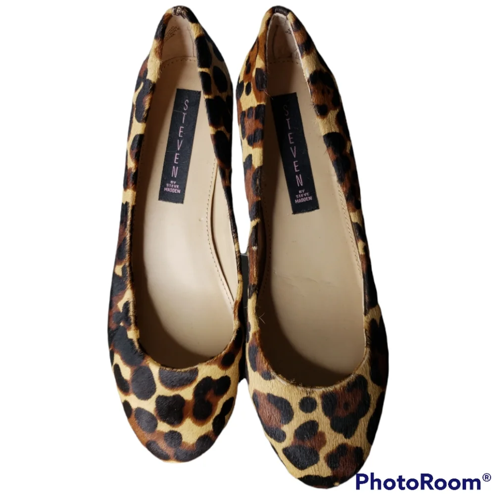 Steven Paigge Leopard Calfskin Flats Gold Heel  Animal Mob Wife Leather Size 7.5